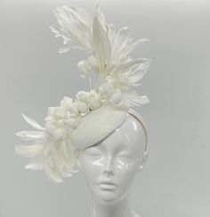 Handmade by Featured Milliner of The Kentucky Derby Museum 2023 & 2024! White feathers arranged in a swirling S shape, unique and artistic headpiece. Attaches with headband.  Not taking customs this year--Derby 150 is going to be massive and mom life keeps me running! However, happy to suggest pieces that will coordinate with your outfit. If you don't love the way this attaches to your head--message me!  I can swtich *most* pieces to your preference. Clip, Headband OR Elastic Cord  NOTE: Heavier White High Crown Fascinator For Evening, Feathered Top Hat For Royal Ascot And Formal Occasions, Kentucky Derby Headpiece With Feathers And Short Brim, Formal Top Hat With Feathers For Royal Ascot, Elegant White High Crown Mini Hat, Feathered Fascinator For Royal Ascot With Short Brim, Feathered Short Brim Fascinator For Royal Ascot, Royal Ascot Feathered Fascinator With Short Brim, Elegant Ostrich Feather Headpieces For Races