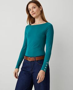 Cast in rich seasonal color, our soft knit top features wide button cuffs for punctuated polish. Boatneck. Long sleeves with button cuff plackets. Lined front.,Hit:Hits at hip,Imported:Imported,Fit:Soft & stretchy fit,Length:23 3/4" long,Fabrication:Shell: 65% Modal, 28% Viscose, 7% Spandex; Lining: 65% Modal, 28% Viscose, 7% Spandex,Garment Care:Machine Washable Button Cuff Boatneck Top by Ann Taylor Size regular - XS Green Marais Women's Boatneck, Long, Sleeve, Knits, Tops, Shell 65%, Modal, 28%, Viscose, 7%, Spandex Lining 65%, Modal, 28%, Viscose, 7%, Spandex, Machine, Washable Season Colors, Boat Neck, Soft Knits, Ann Taylor, Knit Top, Knitting, Long Sleeve, Fabric, Clothes