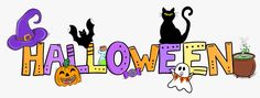 the word halloween with three black cats and pumpkins