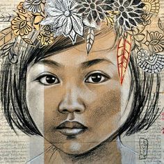 a drawing of a woman with flowers on her head and an arrow in her hair