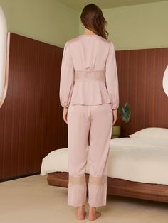 A pure pink pajama set with lace panels.3pcs: a short cardigan, a camisole and a long pants.- Polyester Charmeuse, silky comfort, machine wash cold.- Blouson top with front tie closures.- Lantern cuffs shrink closure.- Elastic waistband. - Lace panels trim the waist and legs. - Relaxed fit with a luxurious flowing drape. Silk Pajama Sets, Pink Silk Pajamas, Pink Pajama Set, Silk Pj Set, Silk Bridal Robe, Bride Pajama, Pink Pajama, Luxury Pajamas, Silky Pajamas