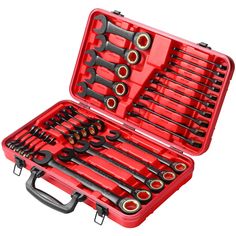 a tool set in a red case on a white background