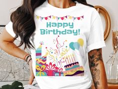 Celebrate in style with this vibrant "Happy Birthday" T-shirt, featuring fun party graphics like presents, cakes, and balloons in a palette of cheerful colors. Perfect for birthday parties or as a birthday gift, this tee is both playful and festive, ensuring the wearer is the center of attention on their special day. Made with high-quality materials, it's comfortable for all-day wear during birthday celebrations. Product Features: Fabrication: 100% Airlume combed and ring-spun cotton, 32 single Fun Multicolor T-shirt For Gift, Playful Crew Neck T-shirt For Birthday Gift, Fun Multicolor T-shirt As A Gift, Multicolor Custom Print Tops For Birthday, Multicolor T-shirt With Funny Print As Gift, Fun Graphic Print T-shirt For Birthday, Multicolor Funny Print Top For Birthday, Multicolor Tops With Funny Print For Birthday, Multicolor Tops For Birthday