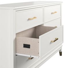 a white dresser with two drawers and some baskets in the bottom drawer on top of it