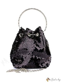 BirdinBag - Glamorous Black Sequin Mini Bucket Bag with Faux Pearl Decor, Ideal for Party Mini Bucket Bag, Mini Bucket Bags, Pearl Decor, Mini Bucket, Sequin Mini, Handle Bag, Black Sequins, Mini Bag, Faux Pearl