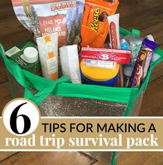 a bag filled with snacks and other items on top of a wooden floor next to the words 6 tips for making a road trip survival pack