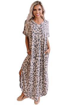 Casual Leopard Maxi Dress with Slits Casual Long Midi Dress With Side Slits, Casual Midi Dress With Side Slits For Vacation, Spring Midi Dress With Split Hem, V-neck Midi Dress With Split Design, V-neck Loungewear Dress With Side Slits, Casual Spring Midi Dress With Split Design, Casual Midi Dress With Split Design For Spring, Maxi Length Dress With Side Slits For Loungewear, Casual Dresses With Side Slits And Split Hem