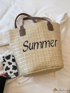 BirdinBag - Woven Letter Shoulder Tote for Women with Spacious Capacity, Solid Color Design Paper Sizes Chart, Rattan Handbags, Inch Bag, Letter Bag, Summer Tote Bags, Summer Tote, Brown Pattern, Details Pictures, Bags Tote