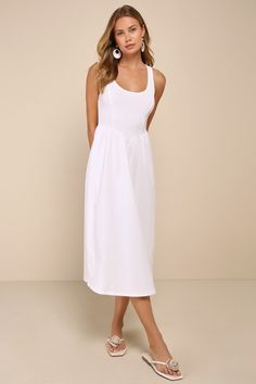 Warm, sunny days call for an ideal look like the Lulus Summer Beauty White Ribbed Twist-Back Midi Dress! This perfect summer dress features a ribbed knit bodice with princess-seaming and a scoop neckline, supported by tank straps that twist at the back and create a cute cutout. A romantic Basque waist sits atop a woven cotton A-line skirt that finishes at a midi hem. Fit: This garment fits true to size. Length: Mid-calf length. Size medium measures 39" from shoulder to hem. Bust: Great for any c Dinner Dress Casual, Summer Knit Dress, Knit Summer Dress, Basque Waist, Glamorous Fashion, House Of Cb Dresses, Rehearsal Dinner Dresses, White Sundress, Casual White Dress