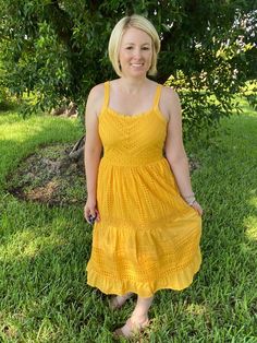 This yellow eyelet midi dress with pockets is the perfect amount of feminine, flirty, classy, and happy this summer! With a cinched waist, eyelet pattern, zipper back, and ruffle bottom, this dress will take you from day to night in ease! Pair with a clutch and espadrilles and you're summer ready! Brand: Skies are BlueDescription: Yellow eyelet sleeveless midi dress; back zipper; pockets; cinched waist; linedFit Info: True to Size, Whitney wears a SmallLength: The length hits mid calfBust: The b Eyelet Midi Dress, Midi Dress With Pockets, Dress Back, Sleeveless Midi Dress, Midi Dress Summer, Beauty Clothes, Summer Ready, Midi Dress Sleeveless, Dress With Pockets