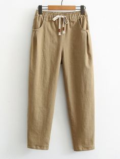 Women's Cotton Casual Pant Straight Solid Color Long Pant Casual Stretch Capris In Solid Color, Non-stretch Khaki Cargo Pants, Relaxed Fit Khaki Bottoms For Spring, Khaki Non-stretch Straight Leg Pants, Non-stretch Straight Leg Khaki Pants, Khaki Trousers For Spring, Fall Season Beige Non-stretch Harem Pants, Stretch Tapered Leg Bottoms, Khaki High-waist Relaxed Fit Pants