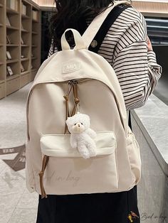 Bird in Bag - Multi-Pocket Backpack for Students with Bear Design Trendy Beige Backpack For Students, Beige Softback Backpack With Pockets, Beige Backpack With Zipper Pocket For Back To School, Casual Beige Backpack With Zipper Pocket, Casual Beige Backpack With Pockets, Beige Backpack With Pockets For Everyday Use, Beige Travel Backpack With Pockets, Everyday Use Beige Backpack With Pockets, Beige Backpack With Multiple Pockets