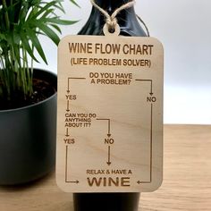 a wine bottle with a sign attached to it that says, wine flow chart life problem solver do you have a problem?