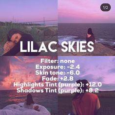 there are four different pictures with the words lilac skies above them and below it