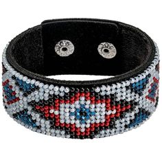 a black leather bracelet with red, white and blue beads