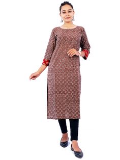 This Kutchi hand block print floral beige color Kurti for women having very nicely designed boat neck and both side pockets its length is very perfect to pair with tight bottoms. Its long slits will make you free and comfortable to move. We have designed this kurti to wear as loose garment and stay in the most comfort zone. Its cuffs are twisted with contrast colour printed fabric which make our kurti unique. Can wear indoor outdoor, casual, travel, work , vacation, street wear and daily wear. Color Kurti, Floral Block Print