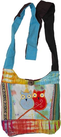 A multicolored small shoulder bag with hippie owl appliques. This mini Bohemian bag features a colorful tie-dyed front on which the appliques are embroidered along with very fine details on woven cotton fabric stripes. #tlb #Stonewash #Embroidered #Applique #Pocket #vacationclothing #TieDye #bohemianfashion #Bohemianbag #Shoulderslingbag Bohemian Cotton Shoulder Bag With Multicolor Embroidery, Multicolor Embroidered Cotton Shoulder Bag For Everyday Use, Bohemian Shoulder Bag With Multicolor Embroidery, Everyday Multicolor Embroidered Cotton Shoulder Bag, Festival Cotton Shoulder Bag With Adjustable Strap, Bohemian Patchwork Cotton Shoulder Bag, Bohemian Multicolor Cotton Bags, Bohemian Cotton Patchwork Shoulder Bag, Bohemian Multicolor Embroidered Cotton Shoulder Bag