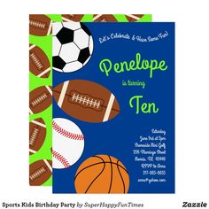 a birthday party card with sports balls and soccers on it, as well as the words penelope ten