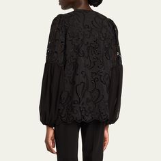 Kobi Halperin "Joan" blouse with cutout embroidery Approx. 26"L from shoulders to hem Crew neckline; front self-tie Concealed button front Long blouson sleeves Elasticized cuffs Scalloped hem Relaxed fit Polyester Lining: Polyester Dry clean Imported Workwear Blouse With Embroidered Cuffs, Embroidered Cuffs Blouse For Workwear, Formal Long Sleeve Tops With Embroidered Cuffs, Embroidered Long Sleeve Formal Tops, Embroidered Long Sleeve Tops For Formal Occasions, Long Sleeve Tops With Embroidered Cuffs For Work, Formal Blouse With Embroidered Sleeves, Formal Long Sleeve Blouse With Embroidered Cuffs, Long Sleeve Embroidered Blouse For Evening