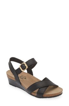 A gleaming buckle stands out against the supple leather straps on this open-toe sandal set on a low wedge for comfortable height. 1 3/4" heel (size 39) Adjustable ankle strap with buckle closure Cushioned footbed with arch support Leather upper and lining/synthetic sole Low Wedges, Soul Mate, Open Toe Sandals, Wedge Sandal, Sandal Women, Soft Black, Arch Support, Wedge Sandals, Ankle Strap