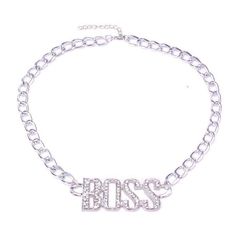 Pendentif chaîne à maillons à la mode incrusté de cristaux de strass dans la lettre Boss. Un bijou parfait pour les fans de hip-hop qui peut être porté sur des vêtements de couleur foncée. Adoptez un look de rappeur chic et faites bouger votre rythme. De plus, la chaîne est composée d'un alliage métallique qui lui donne un aspect brillant. Popular Necklaces, Cuban Link Necklace, Necklace Diamond, Women Party, Diamond Pendant Necklace, Metal Necklaces, Link Necklace, Party Fashion, Chain Pendants