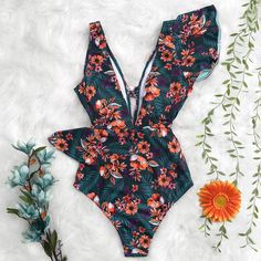 Vacation Photography, Ruffle Swimsuit, Type One, Print Swimwear, Neck Ruffle, Deep V Neck, Push Up, On Sale, One Piece