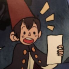 a cartoon character holding a piece of paper in one hand and wearing a hat on the other