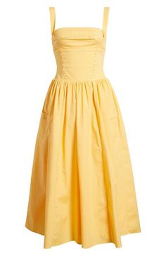 Sweet ribbon is threaded through tonal eyelets along the bodice of this sunny yellow midi dress with patch pockets along the playfully flared skirt. Exclusive retailer Back zip closure Square neck Button straps Front patch pockets Lined 98% cotton, 2% spandex Dry clean Imported Yellow Sundress, Midi Sundress, Yellow Midi Dress, Poppy Print, Square Neck Dress, Sunny Yellow, Dress Home, House Of Cb, House Dress