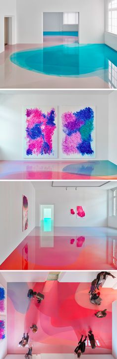 three different views of the inside of a room with pink and blue paint on the floor