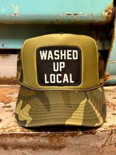 Classic trucker hat Washed Up Local patch Adjustable snap back One size fits most Curved bill Usa Print, Snap Back, Snap Backs, Green Camo, Trucker Hat, Camo, Hats, Green