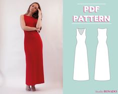 DIY sewing tutorial and pattern. Stretch maxi dress, V-neck dress, long jersey dress. DIY maxi dress. Ankle length tight dress pattern. Party dress sewing pattern. Elegant dress. Illustrated sewing tutorial. PDF sewing pattern available. Instant download. Easy sewing tutorial. Beginner sewing pattterns. Tight Dress Pattern, Maxi Dress Sewing, Maxi Dress Pattern Sewing, Long Jersey Dress, Diy Maxi Dress, Sewing Patterns Skirt, Dress Sewing Tutorials, Diy Sewing Tutorials, Maxi Dress Summer