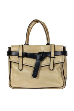 Current Boutique-Reed Krakoff - Tan Leather Tote Bag Beige Workwear Satchel With Detachable Strap, Beige Satchel With Detachable Strap For Work, Beige Work Bag With Detachable Strap, Beige Satchel With Adjustable Strap For Work, Beige Leather Satchel For Work, Trendy Office Satchel With Leather Handles, Beige Leather Bags For Work, Trendy Leather Satchel With Gold-tone Hardware, Beige Satchel With Gold-tone Hardware For Work