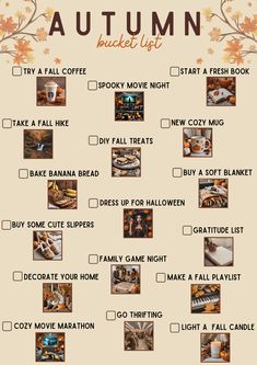 the autumn bucket list is shown with pictures and words to describe what it's like