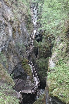 a wooden staircase going up into the side of a mountain