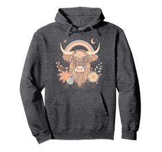 Boho Rainbow Floral Scottish Highland Cow with Flowers Pullover Hoodie Scottish Highland Cow, Boho Rainbow, Scottish Highlands, Artist Style, Highland Cow, Pharmacy Gifts, Chiffon Tops, Hoodies Womens, Pullover Hoodie