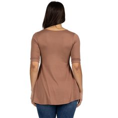 This versatile henley style top is perfect for dressing up or down for any occasion. A delicate v neck, button detailing, slim fit waist and flared hemline makes this top a mix of fashion and practicality. Perfect to wear by itself during the warmer months or to layer with in the colder months. Pair this top with slacks and a blazer for a stylish professional look or dress it down with shorts and slides. Made from a comfortable stretch material. Plain V-neck Top For Fall, V-neck Top With Buttons For Fall, V-neck Top With Button Closure For Fall, V-neck Stretch Top With Button Closure, Casual Split Neck Top With Buttons, Stretch V-neck Tops With Button Closure, Brown V-neck Blouse With Button Closure, Brown V-neck Solid Color Top, Brown Solid Color V-neck Top