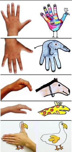 four different pictures with hands and animals on them