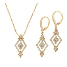 Doris Panos Ti Amo Simulated Diamond Necklace & Earrings Set  A delightful, diamond-shaped drop design lined with your choice of sparkling CZs, make this goldtone necklace and earring set the perfect pair for creating the kind of luxe looks you love.  What You Get       Necklace     Earrings   Design Information       Necklace approx. 18"L x 1/16"W; drop 1"L x 1/2"W     Earrings approx. 1-5/8"L x 1/2"W     Stamped .925; goldtone plating     Oval-link chain necklace has diamond-shaped drop design Elegant Jewelry With Diamond Markers, Elegant Diamond White Jewelry With Diamond Markers, Elegant Cubic Zirconia Earrings Diamond-shaped, Classic Gold Jewelry Sets With Diamond Accents, Elegant Gold Diamond-shaped Diamond Earrings, Gold Diamond Jewelry Set With Matching Earrings, Gold Diamond Jewelry Sets With Earrings, Elegant Anniversary Jewelry With Diamond Markers, Gold Diamond-shaped Jewelry With Matching Earrings