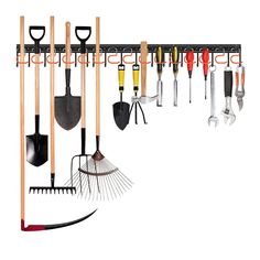 an assortment of garden tools hanging from a rack on a white background with clippings