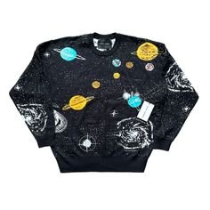 Brand New With Tags! Spirit Jersey Outer Space Wish You Were Here Knit Sweater. Intergalactic, Planetary Are Features Of This All Over Knitted Pattern On Spirit Jersey's Trademarked Garment Design. Details: - Unisex - Oversized - Soft - Mid Weight - Vibrant - 100% Cotton - Machine Wash - Imported - Pictures Are Part Of The Description. Please Reach Out If You Should Have Any Questions As Returns Are Not Accepted. 1.24.Wn. Black Star Print Sweatshirt For Streetwear, Black Casual Sweater With Star Print, Trendy Black Sweater With Star Print, Casual Black Sweater With Star Print, Casual Black Star Print Sweater, Black Star Print Top For Winter, Black Long Sleeve Sweatshirt With Star Print, Celestial Sweater, Multicolor Knit