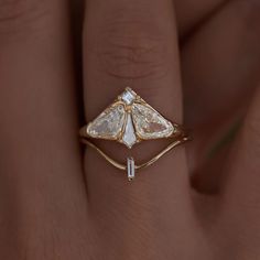 Moth Diamond Engagement Ring with Modified Trillion and Kite – ARTEMER Moth Wedding Ring, Moth Engagement Ring, Kite Diamond Engagement Ring, Kite Engagement Ring, Moth Ring, Kite Diamond, Trillion Diamonds, The Moth, Cute Engagement Rings