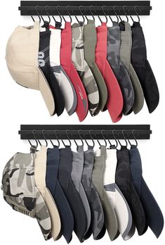 six pairs of socks hanging from hooks