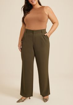 Plus Size Idealist High Rise Wide Leg Dress Pant - Materials & Care:imported - 88% polyester 12% spandex - machine wash New Jeans Top, Wide Leg Dress Pant, Plus Size Business Casual, Feminine Clothes, Plus Size Workwear, Maurices Plus Size, Adaptive Clothing, Pants Green, Wide Leg Dress Pants