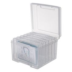 clear plastic storage box with dividers for cards and other items on the inside, isolated against a white background