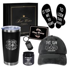 this guy is 50 years old birthday gift set with hat, mug, and socks