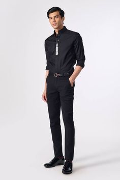 Black shirt with contrast faux leather placket and collar. - Aza Fashions Black Shirt With Welt Pockets For Work, Black Office Shirt With Concealed Placket, Black Slim Fit Shirt For Work, Classic Black Shirt With Stand Collar, Classic Black Stand Collar Shirt, Fitted Shirt With Contrast Collar For Work, Black Top With Contrast Collar For Work, Black Workwear Top With Contrast Collar, Stand Collar Shirt With Placket For Workwear