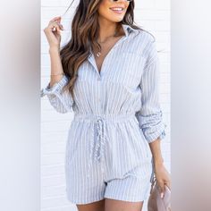 Blue And White Striped Romper Jean Like Material Size Small, Fits Like Extra Small Perfect Brand New Condition Blue Relaxed Fit Jumpsuits And Rompers For Day Out, Casual Blue Jumpsuits And Rompers For Daywear, Blue Jumpsuits And Rompers For Spring Daywear, Long Sleeve Jumpsuits And Rompers For Spring Daywear, Spring Long Sleeve Jumpsuits And Rompers For Daywear, Light Blue Loungewear Jumpsuits And Rompers, Light Blue Jumpsuits And Rompers For Spring Workwear, Collared Romper, Lily Blue