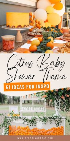 orange baby shower Baby Shower Cutie Theme, Cutie Orange Baby Shower Theme, Citrus Themed Party, Citrus Baby Shower Theme, Little Cutie Baby Shower Ideas, Lemon Decorations, Citrus Party, Baby Shower Theme Ideas, Baby Shower Fruit