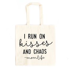 Looking for a cute tote bag to carry all your essentials this summer? This cute I Run On Kisses And Chaos bag will be perfect to add to your collection. Perfect for a day at the beach or every day life! Cute Letter Print Shopping Bags, Casual Canvas Bag For Everyday Use And Mother's Day, Casual Canvas Gift Bag For Mother's Day, Casual Mother's Day Gift Canvas Bag, Casual Mother's Day Canvas Gift Bag, Casual Gift Bag For Mother's Day, Mother's Day Casual Canvas Gift Bag, Casual Tote Bags For Mother's Day, Mother's Day Shopping Tote Canvas Bag