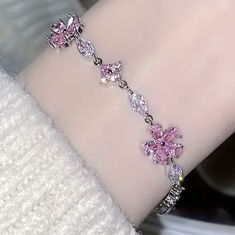 New Sterling Silver Pink Rhinestone Bracelet Pink Silver Jewelry, Pink Coquette Jewelry, Hoco Bracelets, Flower Shaped Cubic Zirconia Bracelets As Gift, Flower-shaped Cubic Zirconia Bracelets For Gifts, Flower-shaped Cubic Zirconia Bracelet For Gifting, Pink Flower-shaped Cubic Zirconia Jewelry, Flower Shaped Crystal Bracelet Gift, Adjustable Feminine Crystal Bracelet